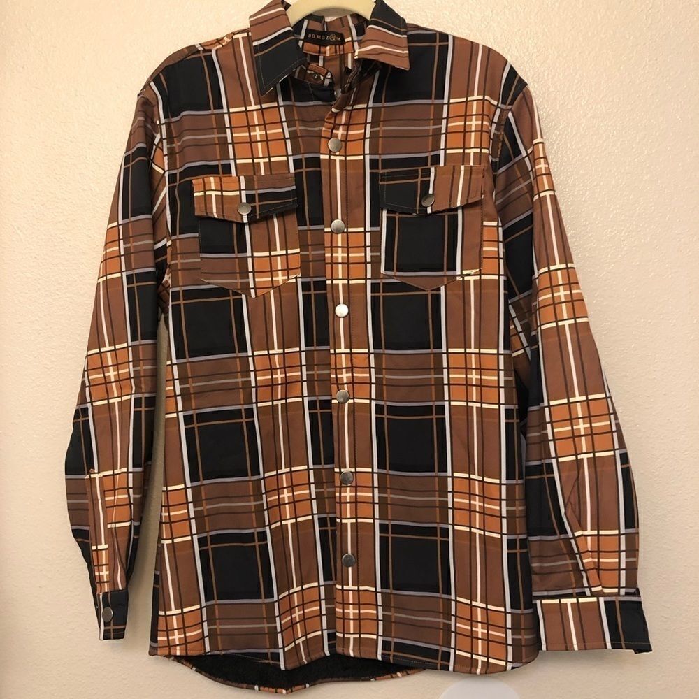 Uomoz Stretchy fleece lined long Sleeve collared snap plaid shacket jacket -L